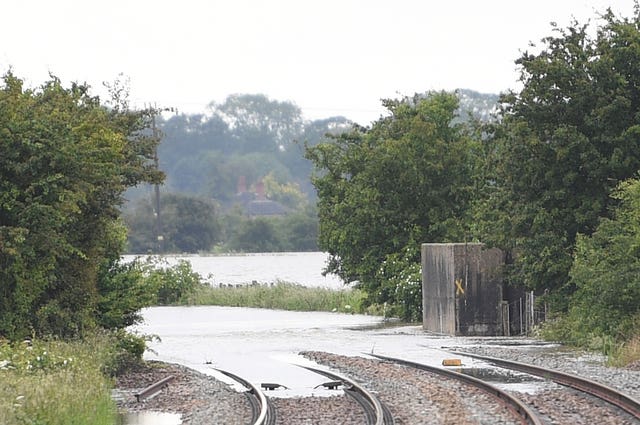 A flooded railway line in Thorpe Culvert, Lincolnshire 