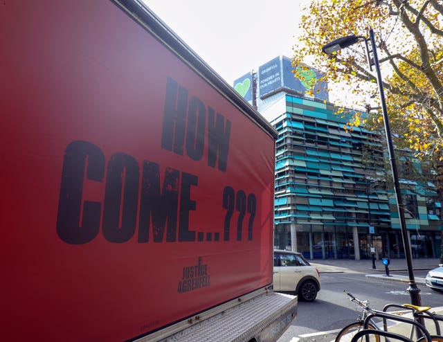 Justice 4 Grenfell unveiled three billboards on the day the first inquiry report was published (Steve Parsons/PA)