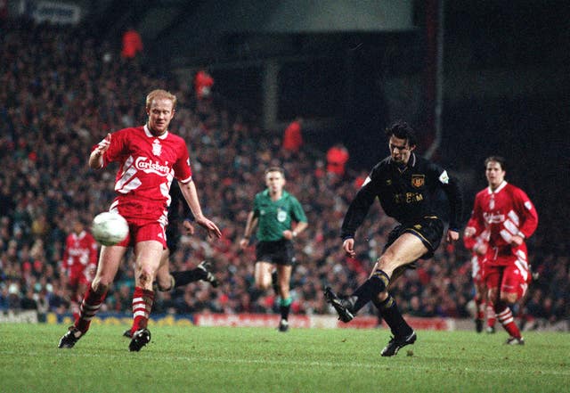 Ryan Giggs (right) scored at Anfield as United raced into a three-goal half-time lead only for Liverpool to fight back and draw 3-3.