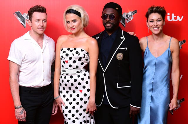 Danny Jones (left), Pixie Lott (second left), Will.i.am, and Emma Willis 