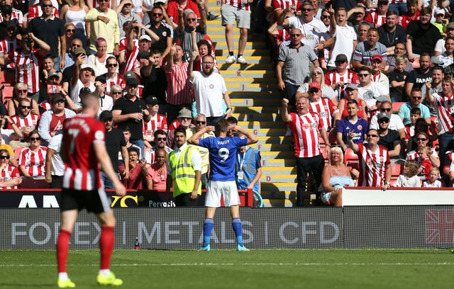 Sheffield-born Jamie Vardy gets gets acquainted with the Sheffield United fans after scoring in Leicester's win