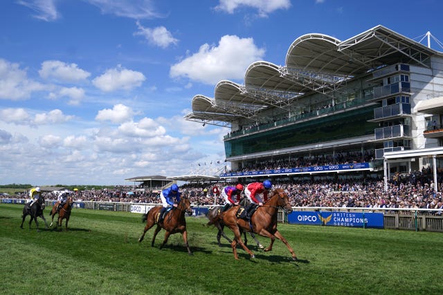 Unequal Love (right) in front of the Newmarket grandstand
