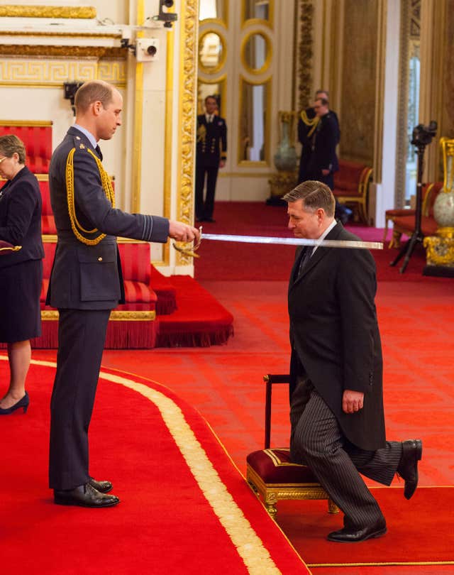 Sir Graham Brady is made a Knight Bachelor of the British Empire by the Duke of Cambridge (Dominic Lipinski/PA)