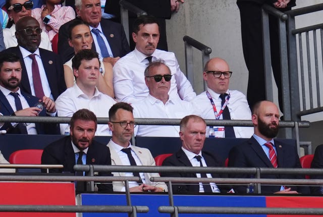 Salford City co-owners Sir David Beckham and Gary Neville watch the club's 3-0 defeat to Notts County in the League One play-off final