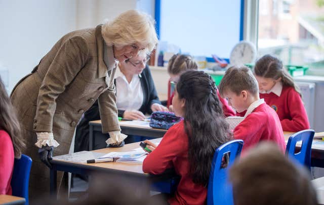 The Duchess of Cornwall meets students and teachers as she opens Marlborough St Mary’s Church of England primary school in Marlborough, Wiltshire (Matt Cardy/PA)