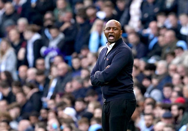 Crystal Palace manager Patrick Vieira watches on 