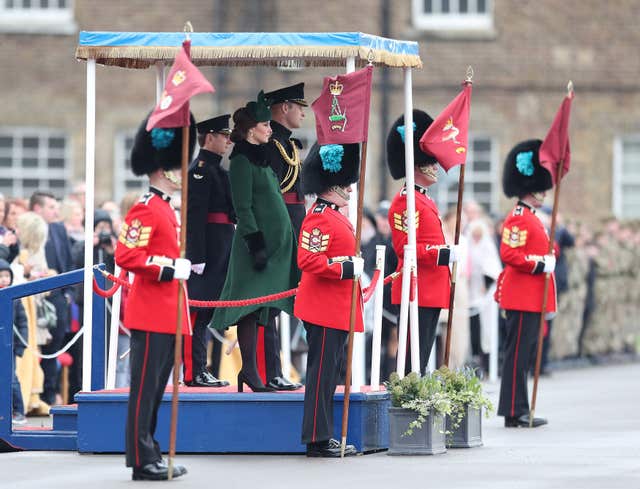 The Duchess of Cambridge and the Duke of Cambridge attend the Irish Guards St Patrick’s Day parade (Jonathan Brady/PA)