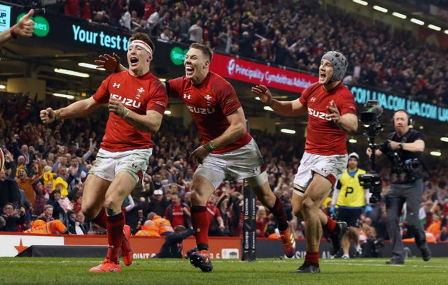 Josh Adams celebrates scoring his try