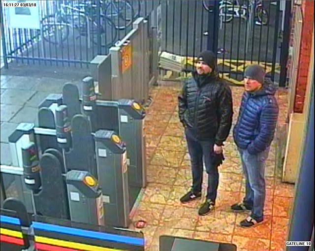 CCTV image issued by the Metropolitan Police of Russian Nationals Ruslan Boshirov and Alexander Petrov at Salisbury train station (Metropolitan Police/PA)