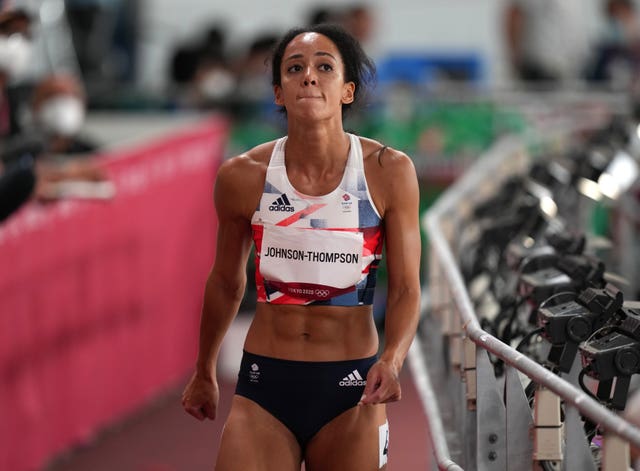 Great Britain's Katarina Johnson-Thompson reacts after picking up an injury in the 200m of the women's heptathlon