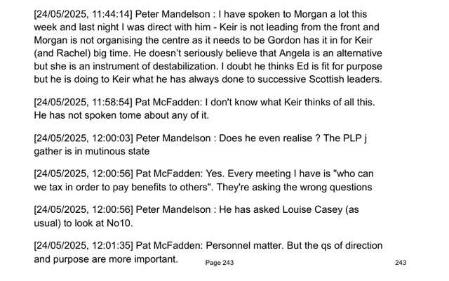 A document dated 24/05/2025 issued by the Cabinet Office showing WhatsApp exchanges between Lord Peter Mandelson and Pat McFadden