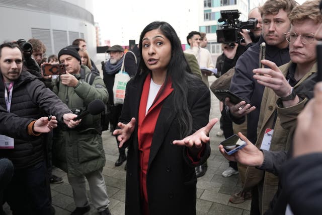 Zarah Sultana speaks to journalists outside the ACC conference centre in Liverpool