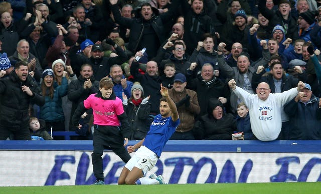 Dominic Calvert-Lewin celebrates scoring the first of his two goals against Chelsea