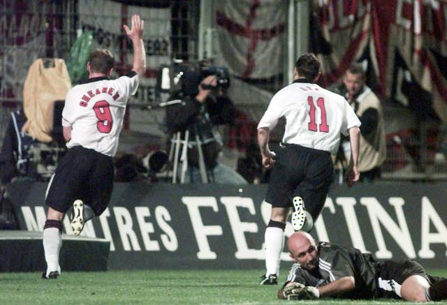 Alan Shearer celebrates the winning goal against France.