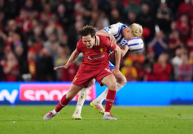 Liverpool’s Federico Chiesa and Brighton’s Jan Paul van Hecke (right) battle for the ball