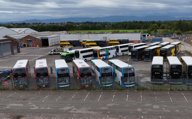 View from above the Alexander Dennis site near Falkirk, with several buses parked outside