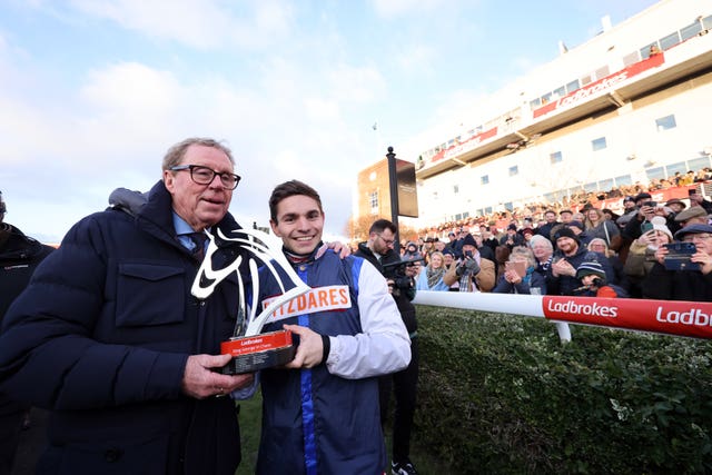 Harry Redknapp (left) and jockey Ben Jones with the King George VI Chase trophy