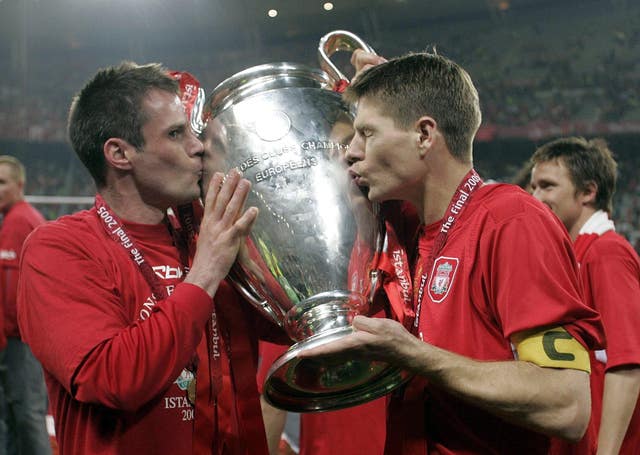 Jamie Carragher (left) believes the current Liverpool side are better than the one with which he and Steven Gerrard (right) won the Champions League with in 2005