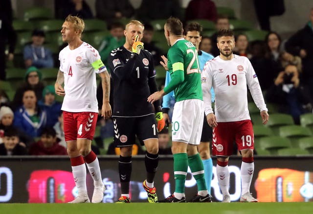 Denmark goalkeeper Kasper Schmeichel (centre) was involved in a heated exchange with Irish players early on (Niall Carson/PA).