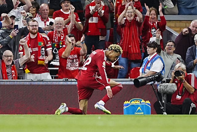 Liverpool’s Hugo Ekitike celebrates scoring their side’s first goal of the game during the Premier League match at Anfield against Bournemouth
