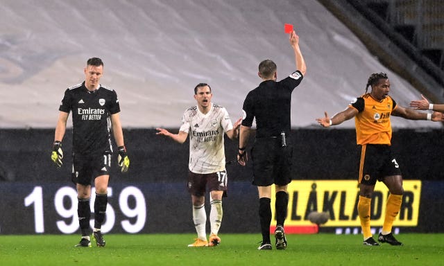 Arsenal goalkeeper Bernd Leno was also sent off at Molineux