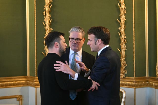 Ukrainian President Volodymyr Zelensky, left, Prime Minister Sir Keir Starmer, centre, and French President Emmanuel Macron during a Leaders’ Summit on the situation in Ukraine at Lancaster House in March