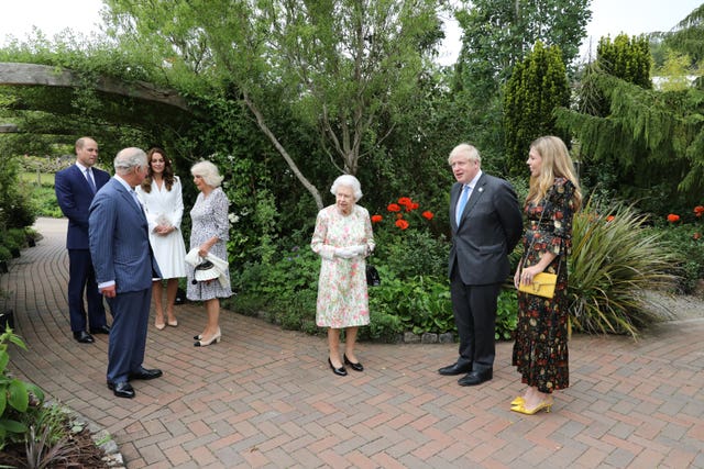 The Queen, the Prince of Wales and the Duchess of Cornwall, the Duke and Duchess of Cambridge attend a reception at the Eden Project with Prime Minister Boris Johnson and wife Carrie and G7 leaders during the G7 summit in Cornwall