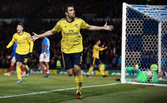 Arsenal's Sokratis celebrates scoring during the FA Cup fifth round 