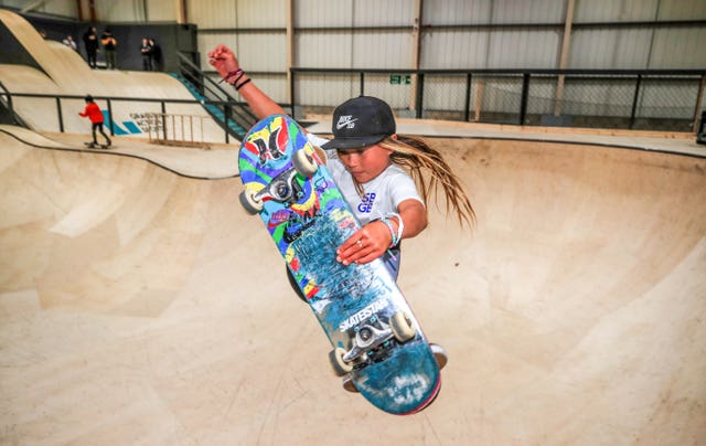 Sky Brown, 10, from Miyazaki in Japan during the Skateboard GB Team Announcement at the Graystone Action Academy, Manchester