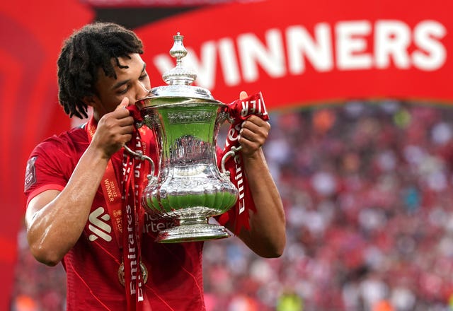 Trent Alexander-Arnold celebrates with the FA Cup