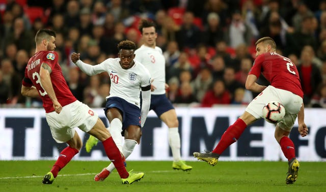 Callum Hudson-Odoi (centre) made his England debut in the 5-0 victory