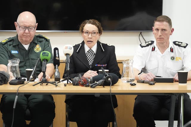 (left to right) North West Ambulance Service’s Dave Kitchin, Merseyside Police’s Assistant Chief Constable Jenny Sims and Nick Searle, chief fire officer for Merseyside Fire and Rescue Service during a press conference