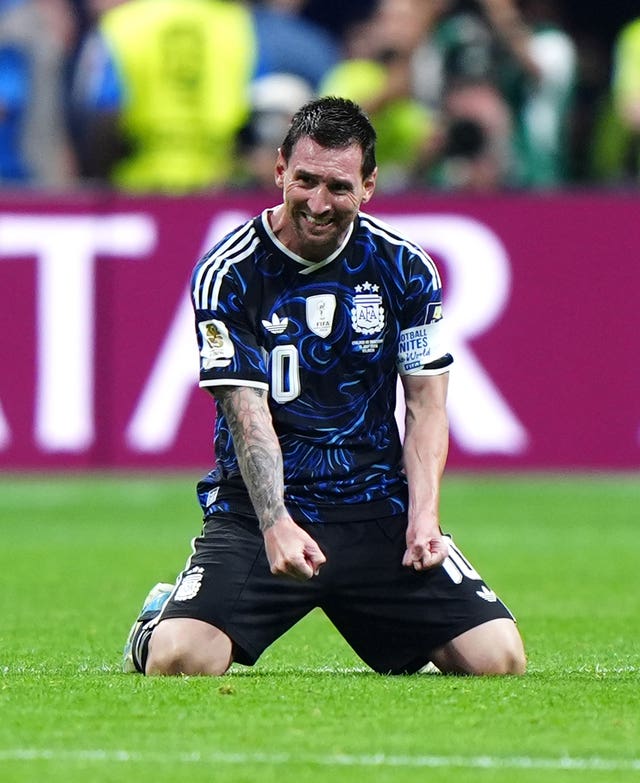 Argentina’s Lionel Messi celebrates following the World Cup 2026 semi-final match at the Atlanta Stadium