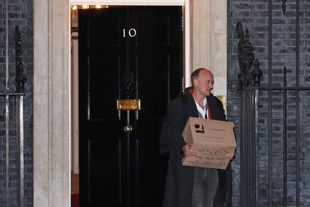 Prime Minister Boris Johnson’s top aide Dominic Cummings leaves 10 Downing Street, London, with a box (Yui Mok/PA)