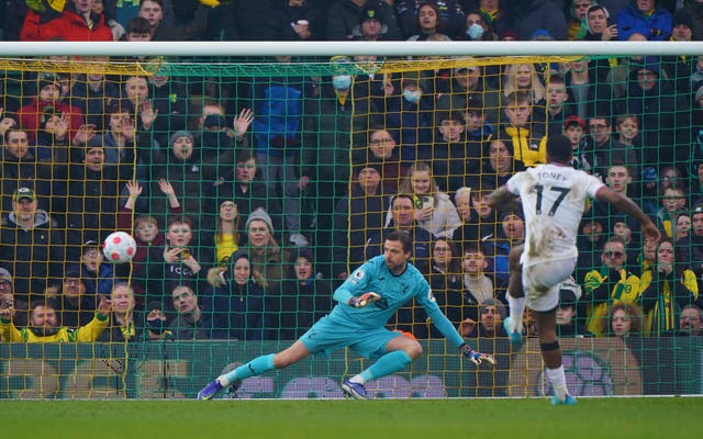 Ivan Toney, right, scores a penalty against Norwich last season