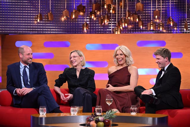 The Prince of Wales, Cate Blanchett, Hannah Waddingham and Robert Irwin during filming for The Graham Norton Show