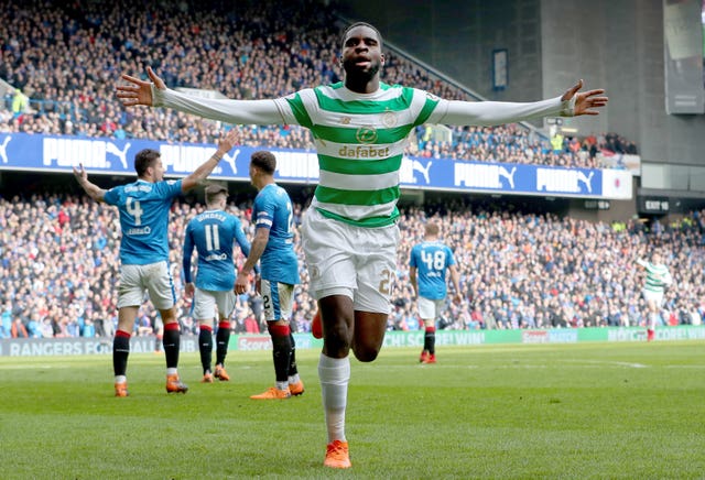 Celtic's Odsonne Edouard celebrates scoring the winner at Ibrox