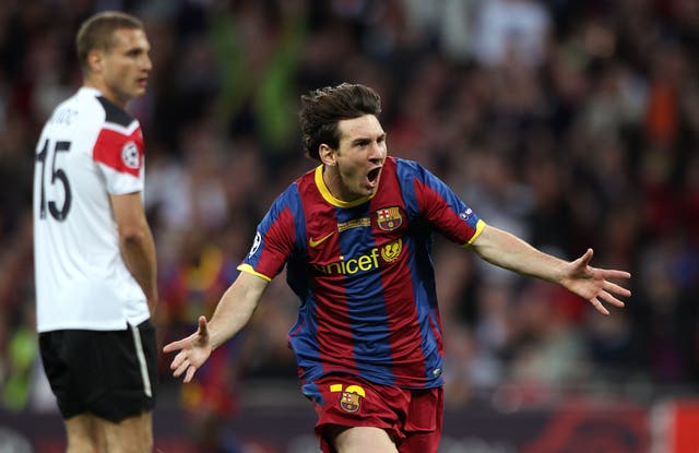 Lionel Messi celebrates scoring Barcelona's second goal against United at Wembley