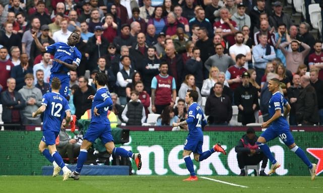 Kurt Zouma leaps in celebration after giving Everton the lead against West Ham