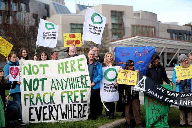 Anti-fracking groups from around Scotland have protested outside the Scottish Parliament in Edinburgh (Jane Barlow/PA)