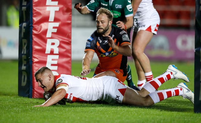 St Helens’ Matty Lees goes over for his try