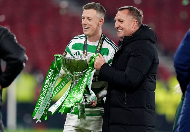 Brendan Rodgers and Callum McGregor parade the Premier Sports Cup