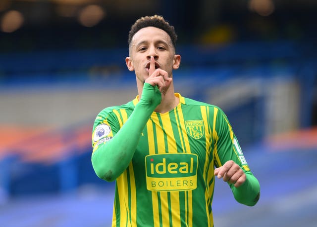 West Bromwich Albion’s Callum Robinson celebrates scoring at Stamford Bridge