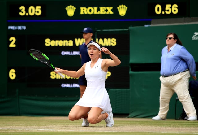 Simona Halep, pictured, falls to the turf after beating Serena Williams