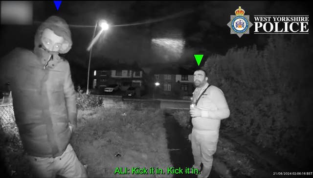 Still of doorbell footage of Callum Sunderland, left, and Sharaz Ali at the house before the fire