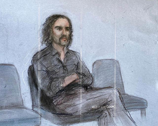 Court artist sketch of Russell Brand appearing in the dock