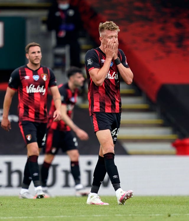 Sam Surridge reacts after his disallowed goal