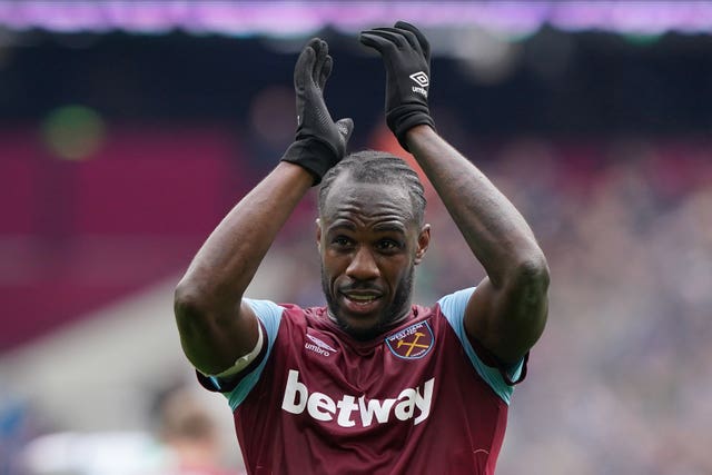 West Ham United’s Michail Antonio celebrates after scoring their side’s second goal of the game during the Premier League match at the London Stadium.