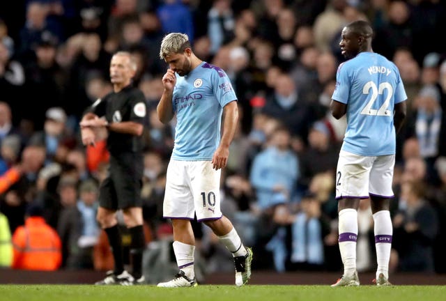 Manchester City's Sergio Aguero (centre) has not played since the win over Chelsea last month due to a thigh injury 
