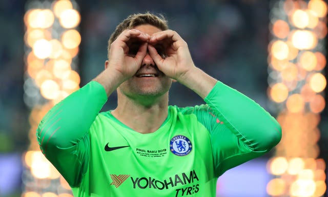 Rob Green joins in the celebrations after Chelsea's Europa League success